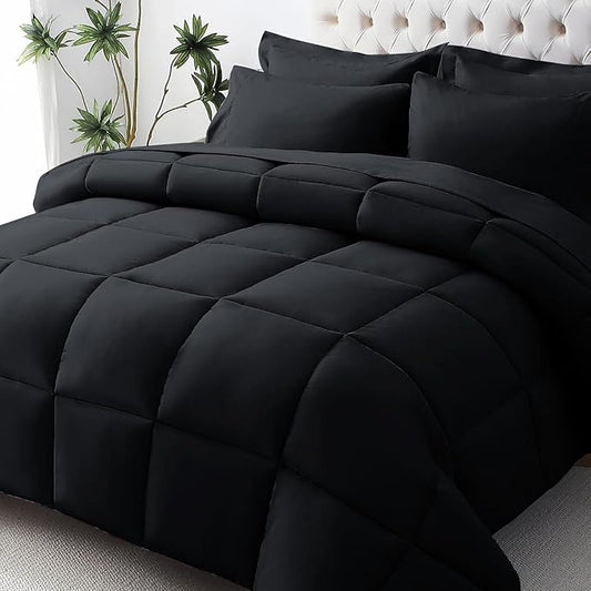 JOLLYVOGUE Full Comforter Set, Ultra-Soft Bed in a Bag Full Size 7 Pieces, Oeko-TEX Certified Bedding Set with Down Alternative Comforter, Sheets, Pillowcases & Shams, Black