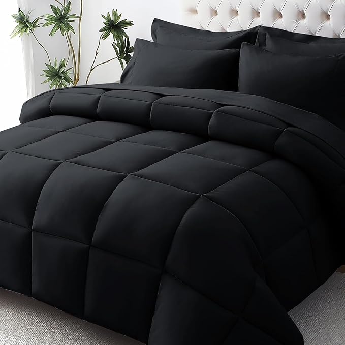 JOLLYVOGUE Twin Comforter Set, Ultra-Soft Bed in a Bag Twin Size 5 Pieces, Oeko-TEX Certified Bedding Set with Down Alternative Comforter, Sheets, Pillowcases & Shams, Black