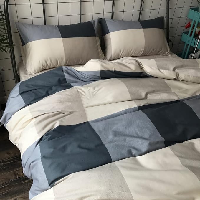 Reversible Cotton Plaid Bedding Set King Modern Soft Grid Checkered Duvet Cover Set Hotel Quality Luxury Bedding Collection 3 Piece Men Boys Comforter Cover Set with 2 Pillowcases (NO Comforter)