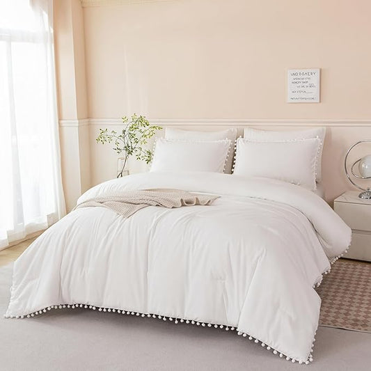 PERFEMET Ivory Bed in A Bag Queen Size 5 Pieces Pom Pom Boho Bed Set for Girls Women Soft All Season Fluffy Solid Bedding Comforter with Sheet Set(Ivory, Queen)