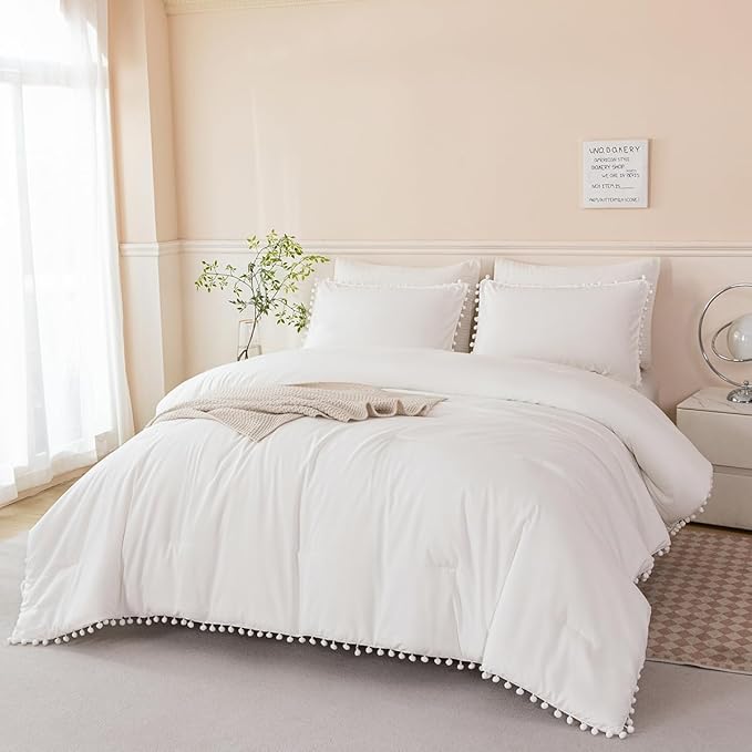 PERFEMET 5 Pcs Ivory Comforter Sets Full Size Pom Pom Fringe Solid Bedding Set with Sheets Soft Lightweight White Kids Bed in A Bag for Girls Boys(Ivory, Full)