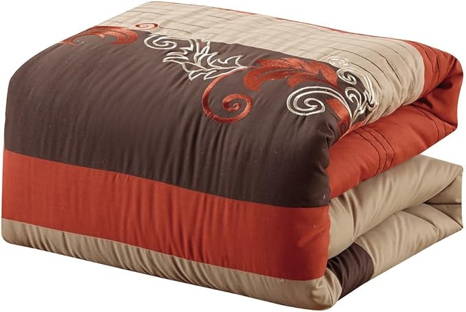 Chezmoi Collection Napa 7-Piece Luxury Autumn Leaves Scroll Embroidery Bedding Comforter Set (Full, Rust Orange/Brown/Taupe)