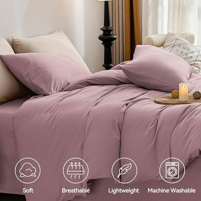 JELLYMONI Cotton Duvet Cover Twin Size - 100% Washed Cotton Linen Feel Textured Comforter Cover, 2 Pieces Breathable Soft Bedding Set with Zipper Closure (Dusty Pink, Twin 68"x90")