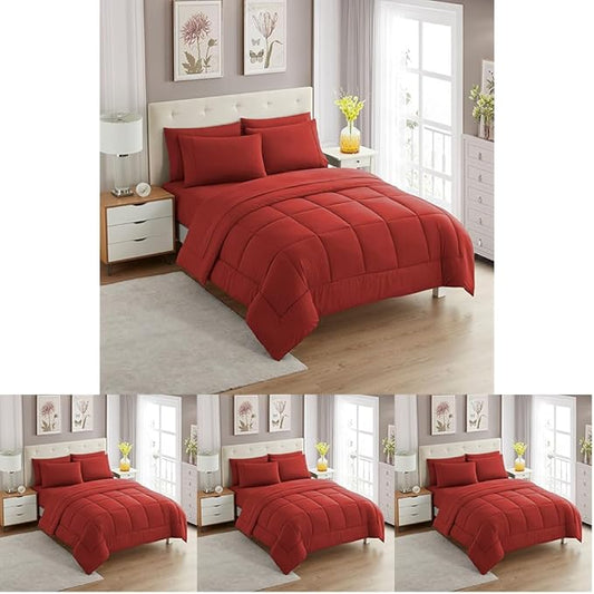 Sweet Home Collection 5 Piece Comforter Set Bag Solid Color All Season Soft Down Alternative Blanket & Luxurious Microfiber Bed Sheets, Red, Twin (Pack of 4)