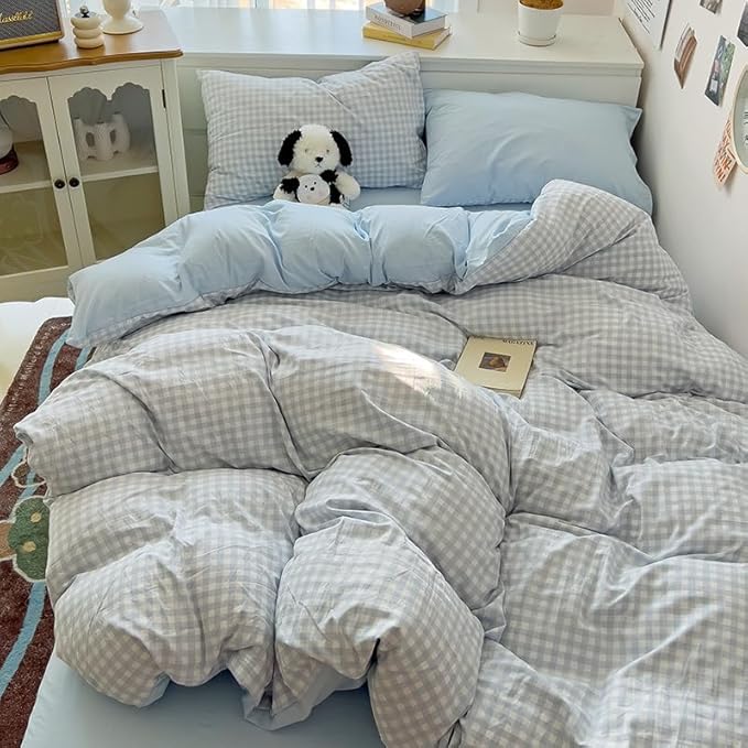 Nayoroom Gingham Duvet Cover Queen Size Reversible Blue Plaid Checkered Duvet Cover 3 Pieces Soft Breathable Washed Microfiber Girls Dorm Bedding Set for All Seasons