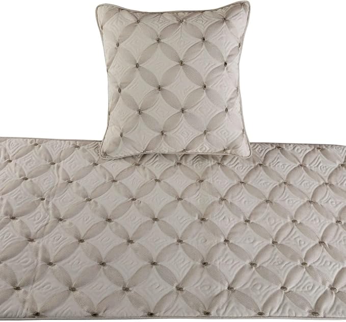 The HomeCentric King Queen Twin Ivory Bed Runner with 2 Decorative Throw Pillow Cover, Twin Size 53"x18" Bed Runner with Pillow Cover, Linen Quilted & Embroidery, Modern Contemporary - Tender Love