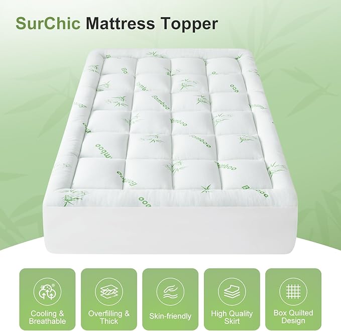 Queen Size Mattress Topper Viscose Derived from Bamboo, Soft Thick Pillow Top Mattress Pad Cover for Back Pain, Cooling Mattress Protector with 8-21 Inch Deep Pocket, White