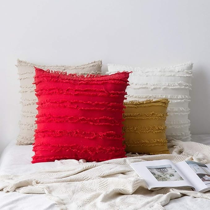 MIULEE Set of 2 Decorative Boho Throw Pillow Covers Linen Striped Jacquard Pattern Cushion Covers for Sofa Couch Living Room Bedroom 18x18 Inch Red