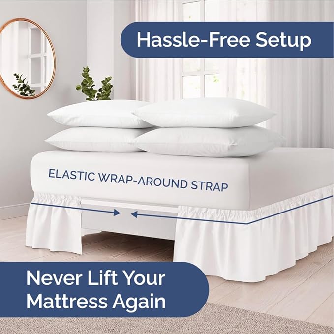 Wrap Around Dust Ruffle Bed Skirt - Antique White - Twin/Twin XL Beds w/ 12 Inch Drop - Easy Fit Elastic Strap - Adjustable Pleated Bedskirt w/Brushed Fabric, Wrinkle Free Women, Men, Kids & Teens