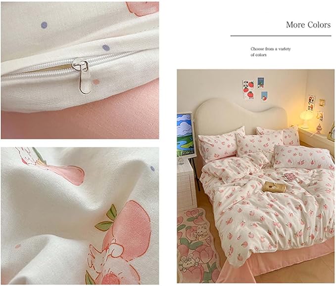 Nayoroom Pink Peach Duvet Cover Queen Size Kawaii Fruit Peaches Rabbit Printed on White Comforter Cover 3Pcs Kids Girls Soft Breathable Microfiber Cute Cartoon Bedding Set with Zipper Closure