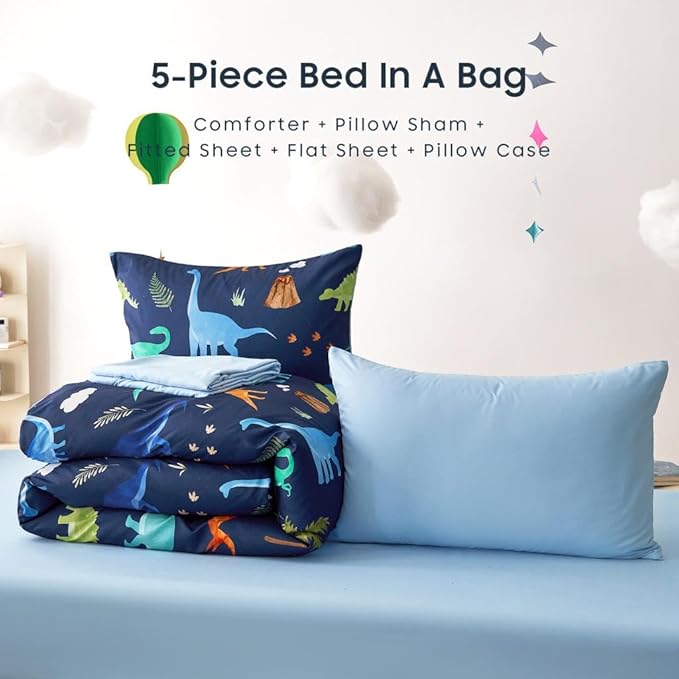 Wake In Cloud - Dinosaur Bedding Set for Boys, Cute Colorful Dinosaur Soft Lightweight Comforter Set with Sheets, 5 Pieces Kids Bed in a Bag, Navy Blue, Twin Size