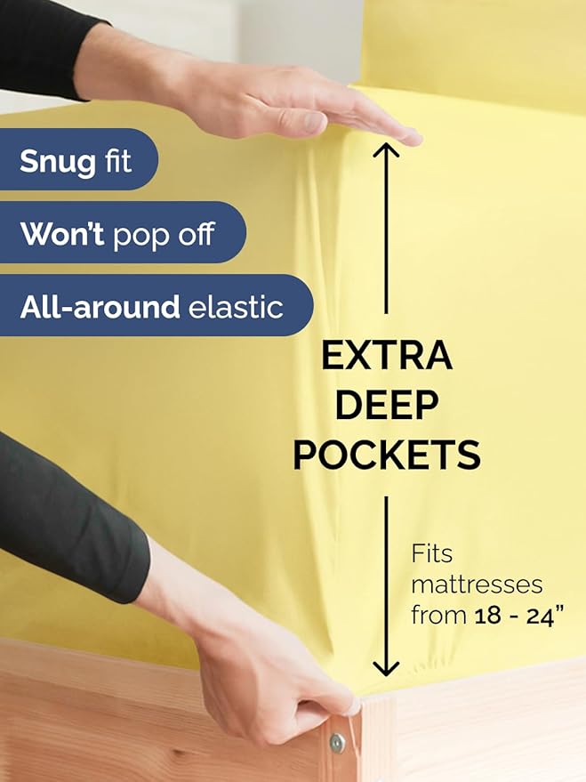 Extra Deep Split King Sheet Set - 7 Piece Breathable and Cooling Sheets - Hotel Luxury Bedding for Women, Men, Kids & Teens - Easy & Secure Fit - Soft and Wrinkle Free - Extra Deep Pockets - Yellow