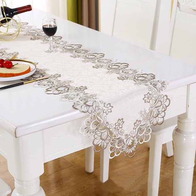 LeLehome 69 Inches Embroidery Lace Table Runner, Classic Jacquard Floral Dresser Scarf for Kitchen Dining Restaurant Party Wedding Tabletop Home Decoration Beige White