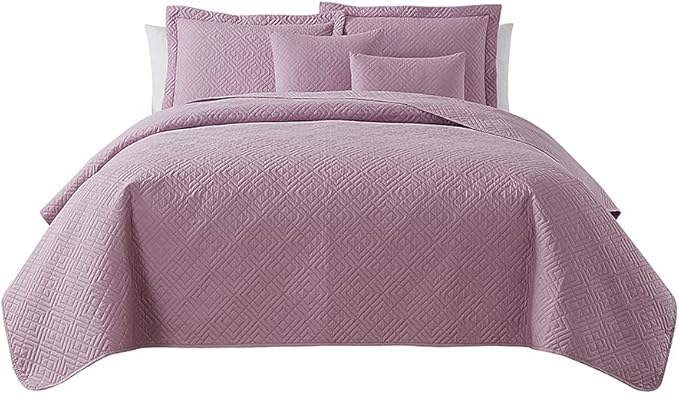 Hearth & Harbor Quilts Twin Size - All Season Bedspread Coverlet Set, Pinsonic Weave Lightweight Bedding Set - 5 Piece Twin Quilt Set with Pillow Shams, Diamond - Lavender Dream