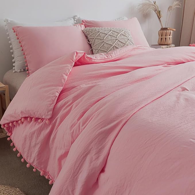 TanNicoor Pom Fringe Duvet Cover Set - 2 Piece Natural Ultra SOFE Color Washed Microfiber Bedding Set, Modern Style Down Comforter Quilt Cover with Zipper Closure(Full, Pink)