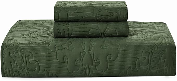 Hansleep Olive Green Quilt King Size - Damask Ultrasonic All Season Bedspread King, Soft Lightweight Coverlet Bedding Set, 3 Pieces (1 Quilt, 2 Pillow Shams)