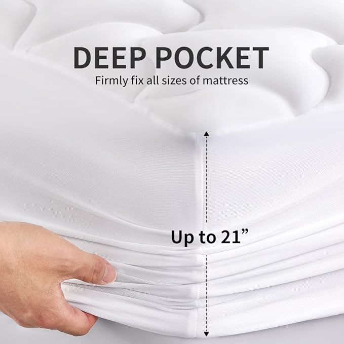 SLEEP ZONE Cooling Mattress Topper Short Queen Mattress Pad, Quilted Fitted Mattress Cover, Machine Washable, Soft Fluffy Mattress Protector, Deep Pocket 8~21 inch(White, Short Queen)