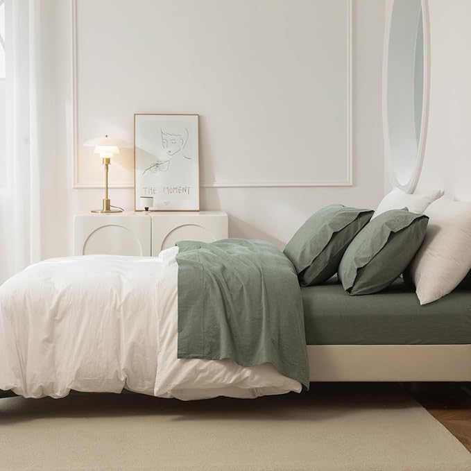 JIYUAN 100% Washed Cotton Sheet Set 4 Pieces Full,1 Fitted Sheet,1 Flat Sheet and 2 Pillowcases,Comfy and Breathable Linen Like Bedding Set,Heathered Green