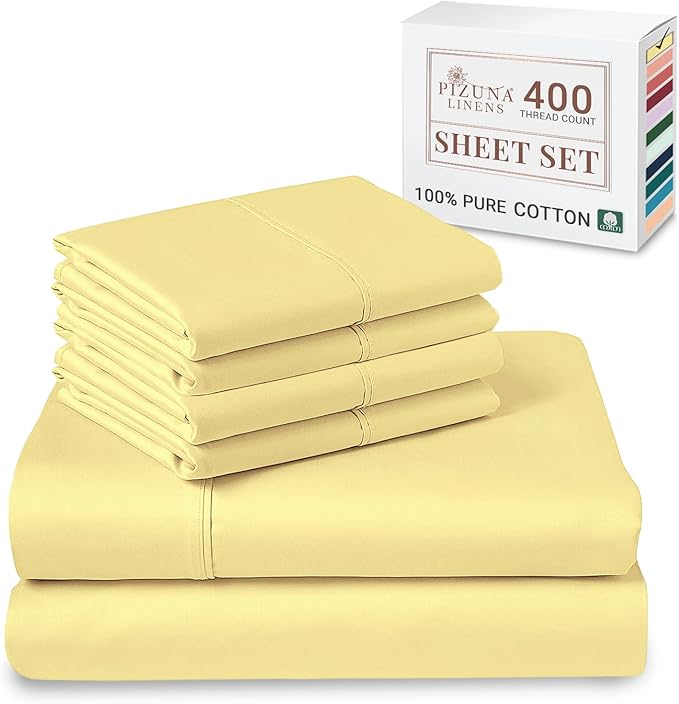 Pizuna Pure 100% Cotton Bed Sheets Set King Size Mellow Yellow, Luxurious 400 Thread Count Long Staple Cotton Sateen King Sheets with 15" Deep 2 Extra Pillowcase (Combed Cotton Bed Sheet Set)