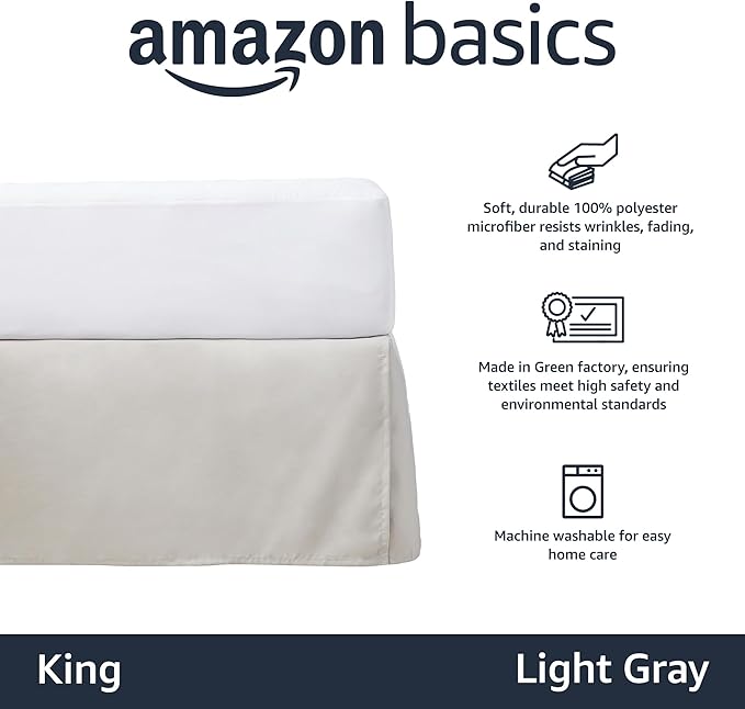 Amazon Basics Lightweight Pleated King Size Bed Skirt, Fade Resistant, Machine Washable, King, Light Grey, Solid (Pack of 8)