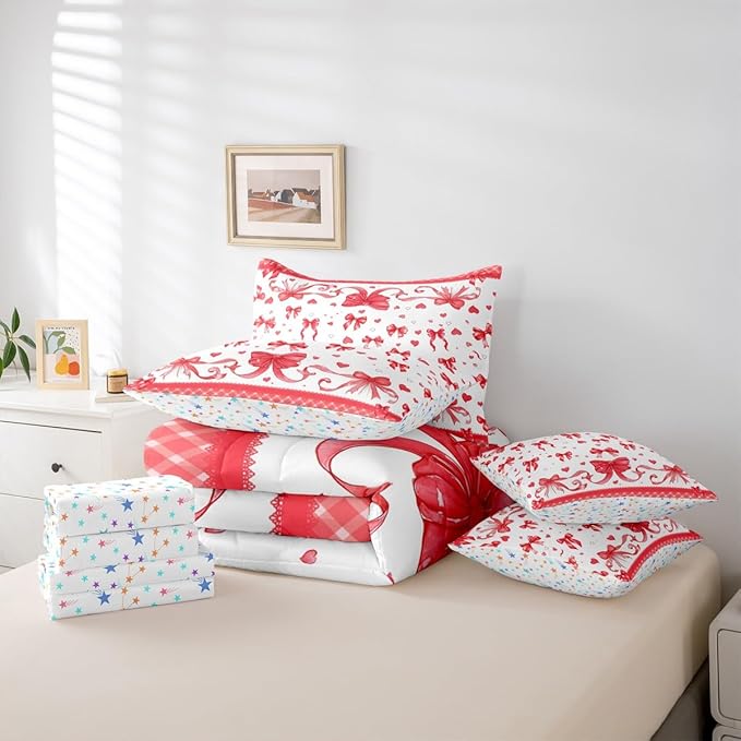 Feelyou Bowknot Comforter Set with Sheets 7 Piece Twin Size Dreamy Princess Bedding Set for Kids Boys Girls Cute Bow Bed in a Bag Love Hearts Room Decor Soft Lightweight Microfiber