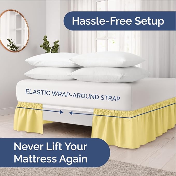 Wrap Around Dust Ruffle Bed Skirt - Yellow - for Queen Size Beds with 12 Inch Drop - Easy Fit Elastic Strap - Adjustable Pleated Bedskirt w/Brushed Fabric Wrinkle Free - for Women, Men, Kids & Teens