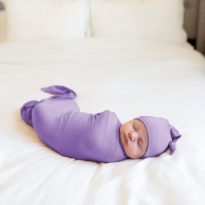 Large Jersey Knitted Swaddle Blanket for Baby, Soft Stretchy Receiving Blanket for Newborns with Hat, Baby Nursery Swaddle 47 x 47 inches(Lavender)