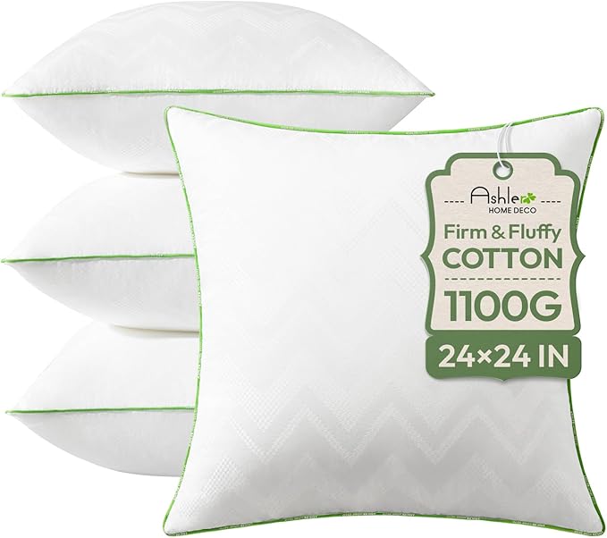 Ashler 24x24 Pillows Insert (Set of 4) - Throw Pillow Inserts with 100% Cotton Cover - 24 Inch Square Interior Sofa Stuffer Pillow Inserts -Decorative White Couch Pillow