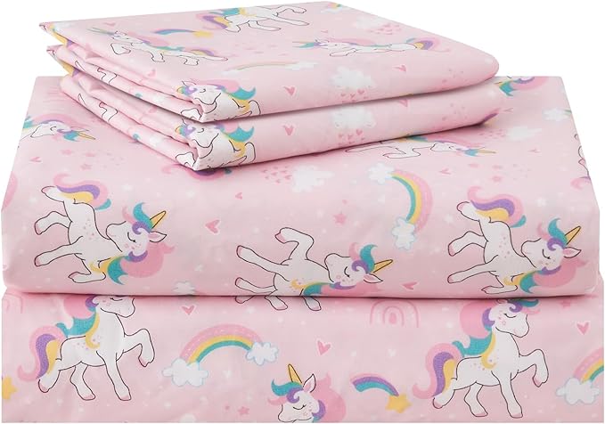 Kids Sheet Set Twin Size 3 Pcs, Girls Sheet Set with Pink Unicorn Pattern，Kids Girls Twin Fitted Sheet，Breathable & Silky Soft Microfiber Fitted Sheet