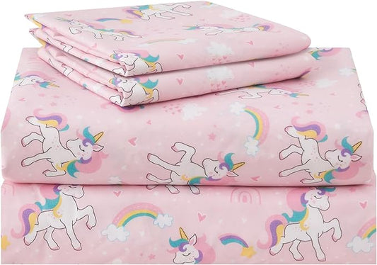Kids Sheet Set Twin Size 3 Pcs, Girls Sheet Set with Pink Unicorn Pattern，Kids Girls Twin Fitted Sheet，Breathable & Silky Soft Microfiber Fitted Sheet