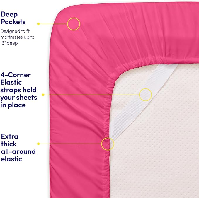 Twin XL Size Sheet Set with Built-in Sheet Straps - Deep Pocket Fitted Sheet, Flat Sheet & Pillowcases - Soft, Wrinkle-Free, Secure Fit - Fuschia