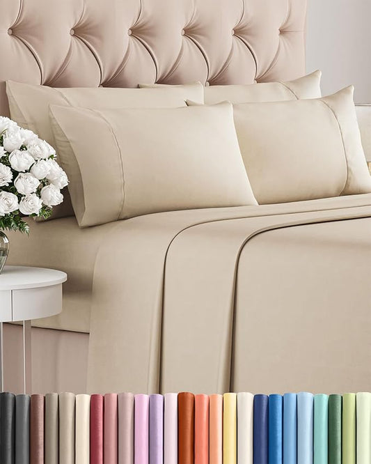 Queen 6 Piece Sheet Set - Comfy Breathable & Cooling - Ultra Soft Hotel Luxury Bedding Set w/ 8-16 Inch Deep Pockets - 1 Flat & 1 Fitted Sheet & 4 Pillowcases - Cozy, Wrinkle Free & Easy Care - Wheat