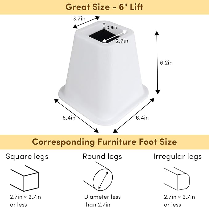 DEDU Bed Risers 6 Inch Heavy Duty 6 Pack, Furniture Risers for Sofas Oversized, Couch Risers with Non-Slip Pad Supports Up to 2200 Lbs for Bed, Desk, Chair (White)