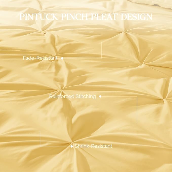 Andency Yellow Pinch Pleated Comforter King(104x90Inch), 3 Pieces (1 Pintuck Comforter, 2 Pillowcases) Pintuck Comforter Set,Microfiber Down Alternative Comforter Bedding Set
