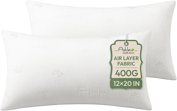 Ashler Home Deco Throw Pillows Insert- 12x20 Pillow Inserts with Air Layer, Premium Bed and Couch Pillows - Indoor Decorative Throw Pillow, Lumbar Cushion Sham Stuffer, Pack of 2, White