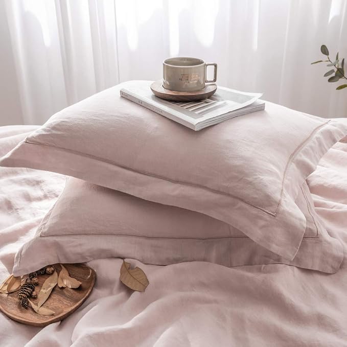 Simple&Opulence 100% Washed Linen Duvet Cover with Embroidered, 3 Pieces Soft Farmhouse Comforter Set with Button Closure,1 Duvet Cover and 2 Pillowshams(King, Dusty Pink)