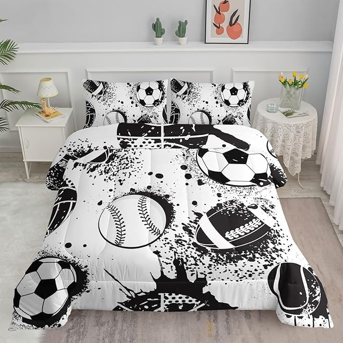 Axolotl Ball Sports Comforter Set King,Football Soccer Bedding for Boys,Football Baseball Game Comforter,Baseball Sport Bedding,Hip Hop Graffiti Artwork Bed Set for Kids Men,1 Quilt 2 Pillowcases