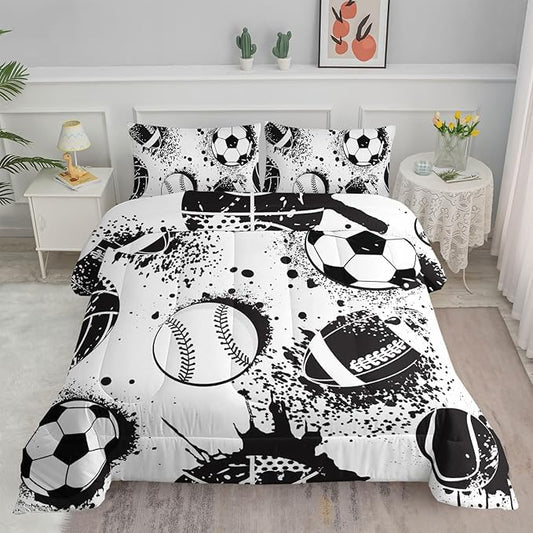 Axolotl Ball Sports Comforter Set King,Football Soccer Bedding for Boys,Football Baseball Game Comforter,Baseball Sport Bedding,Hip Hop Graffiti Artwork Bed Set for Kids Men,1 Quilt 2 Pillowcases