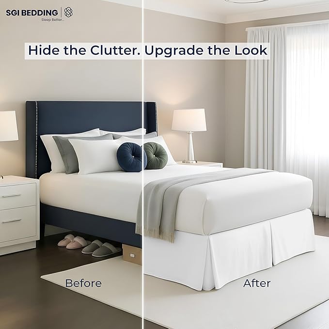 SGI Bedding 15 inch Drop Bed Skirt Queen Size Platform Style with Secure Fit, Classic Tailored Look, Elegant Pleated Style Dust Ruffle, Split Corners, Wrinkle Resistant Microfiber - White
