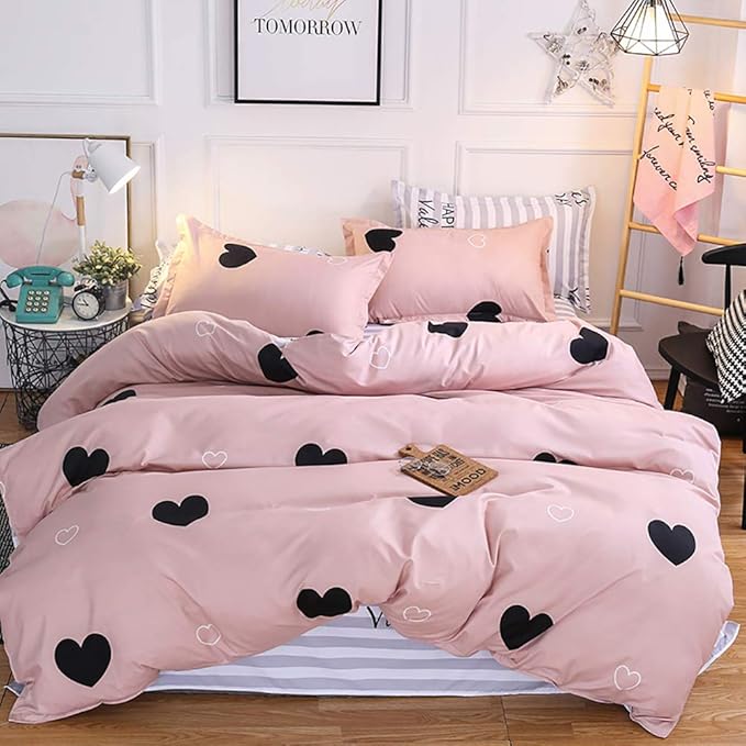 Omelas Blush Pink Heart-Shaped Queen Duvet Cover Set Black and Dusty Rose Full Bedding Comforter Cover Reversible Blue White Striped Soft Microfiber Quilt Cover for Kids Girls Teens Women