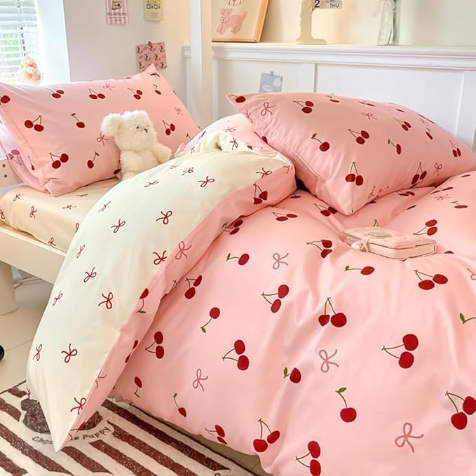 Nayoroom Duvet Cover Queen Size - Reversible Pink Bow Red Cherry Patterned Duvet Cover, 3 Pieces Soft Lightweight Microfiber Kids Girls Cute Aesthetic Dorm Bedding Set