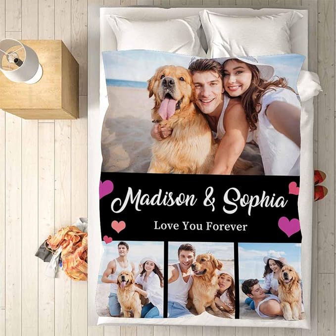 Costume Blanket with Pictures, 4 Photos Blanket Customized Personalized Photo Blanket for Valentines,Boyfriend,Dad,Mom,Friends,New Year,Birthday, 8 Sizes