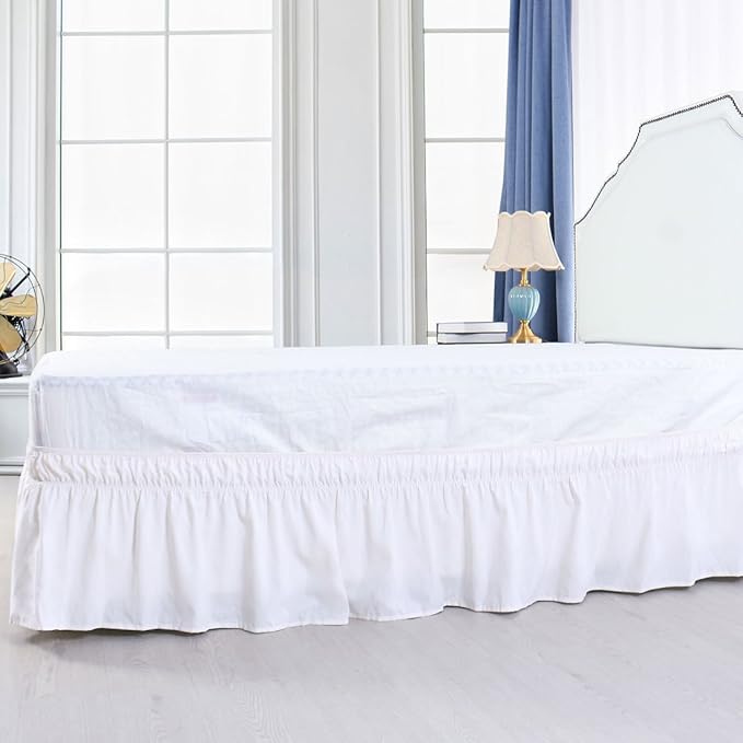Bed Skirt - Wrap Around Bed Skirts Elastic Dust Ruffles, Easy Fit Wrinkle and Fade Resistant Luxurious Fabric Solid Color, White Solid California King Beds 15 Inch Drop