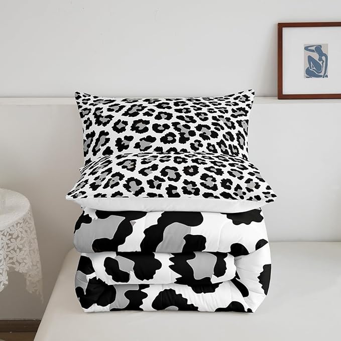 Feelyou Leopard Comforter Set Black Grey Cheetah Print Bedding Set for Kids Boys Girls Teens Decor Cow Pattern Comforter Africa Animal Lightweight Duvet Set 3Pcs Full Size