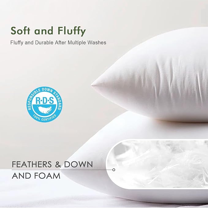 Feathers Down Throw Pillow Inserts 24x24, Set of 2, 100% Organic Cotton Shell, Soft Decorative Square Pillow Insert for Living Room Sofa, Couch, or Bed (White)