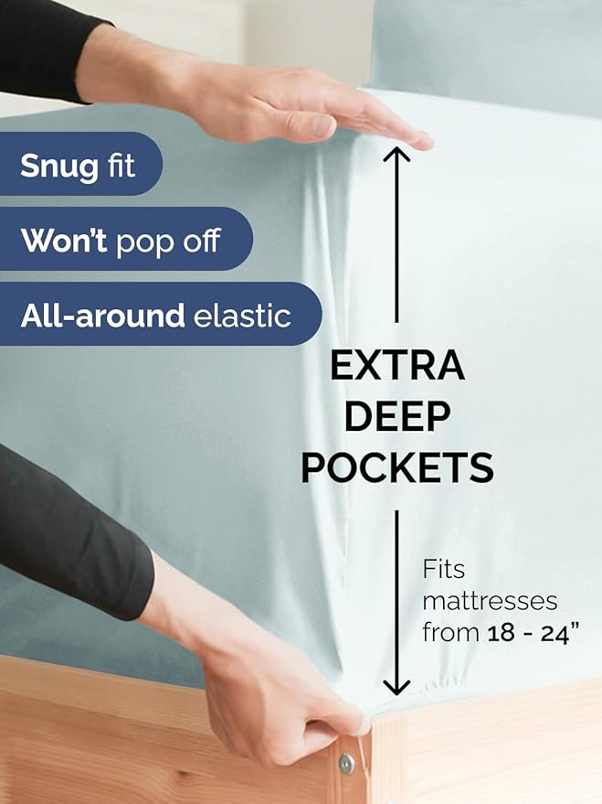 Extra Deep Split King Sheet Set - 7 Piece Breathable and Cooling Sheets - Hotel Luxury Bedding for Women, Men, Kids & Teens - Easy & Secure Fit - Soft and Wrinkle Free - Extra Deep Pockets - Ice Blue