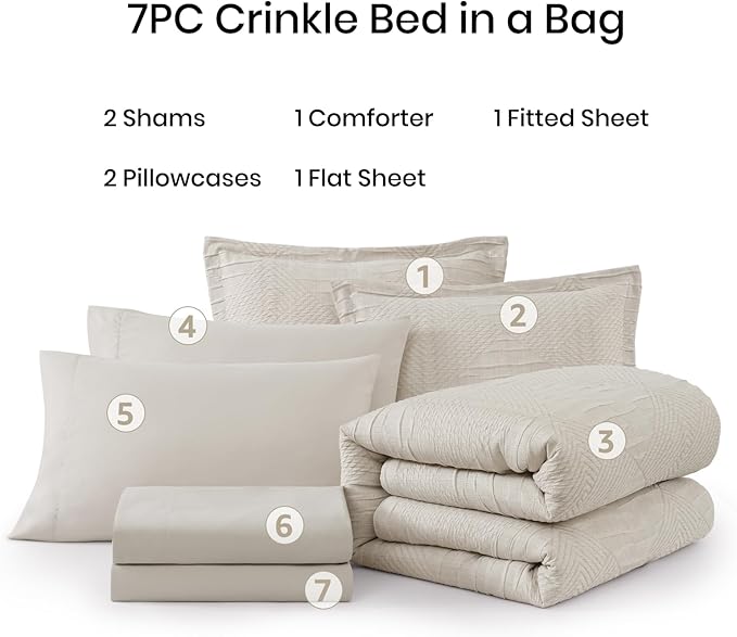 MaiRêve King Comforter Set Beige, Crinkle Textured Design Boho Bedding Set 7 Pieces Bed in A Bag, All Season Geometric Comforter Set with Sheets, Pillowcases & Shams
