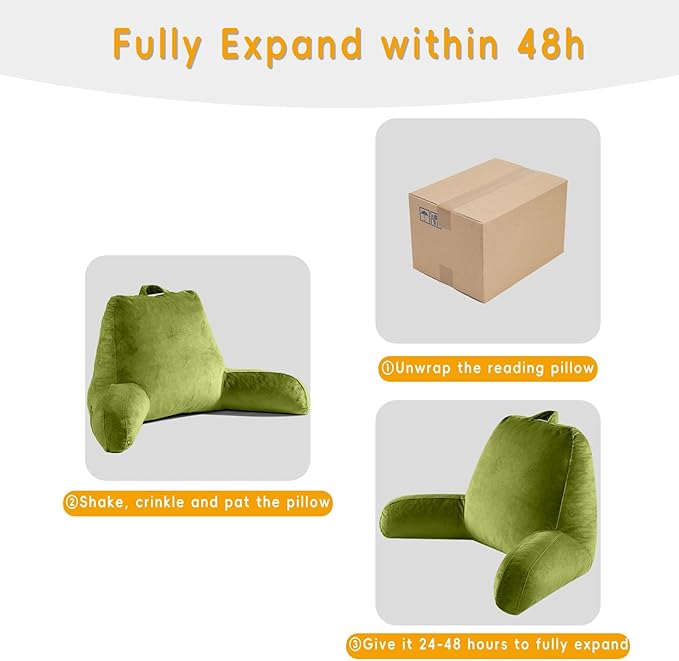 Reading Pillow for Sitting in Bed Adult, X-Large Reading Pillow with Shredded Memory Foam, Back Pillow for Sitting Up with Extend Arms, Pockets, Bed Pillow with Washable Cover, FluorescentGreen
