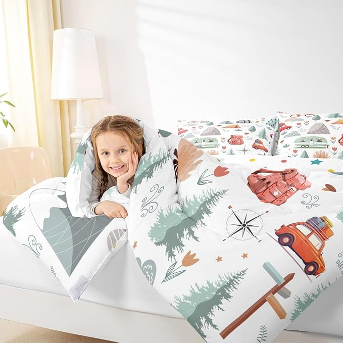 Kids Camping Comforter Set King, Car Bedding Set for Boys Girls, Travel Car Camper Accessories Bed Set, Botanical Floral Mountain Adventure Quilt, Cute Camper Duvet Insert Rv Decoration 3Pcs