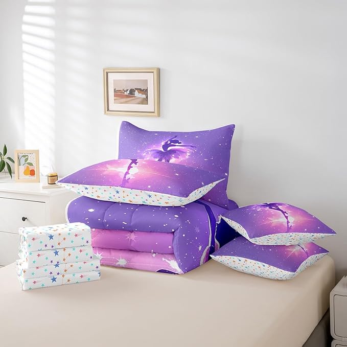 Feelyou Kids Ballet Dancer Bed in A Bag King Size, Ballerina 7 Pieces Bedding Set Boys Girls Dreamy Princess Comforter Set with Sheets Dancing Teens Bed Set Bedroom Decor 7Pcs